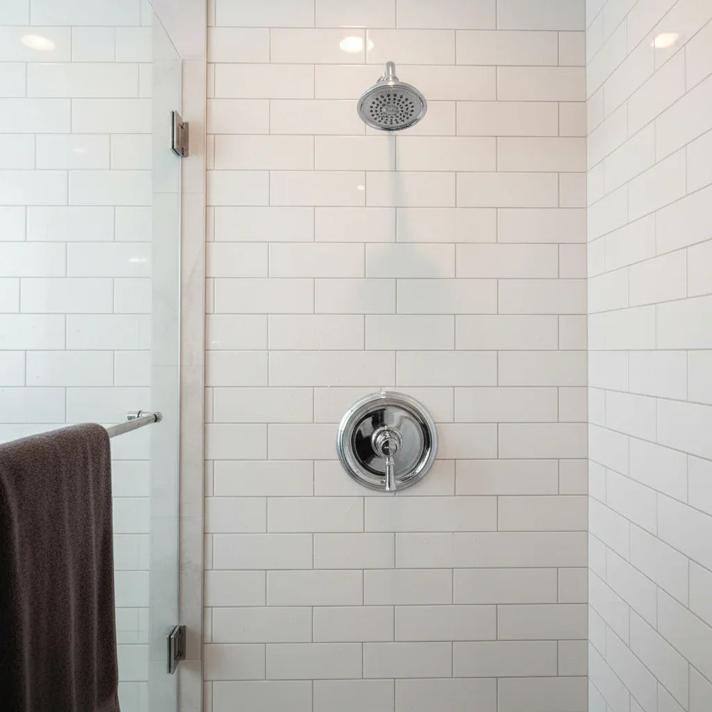 Moen Dartmoor chrome shower trim installed in luxury shower with white subway tile lifestyle image