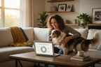 Dog owner reviewing DNA results on laptop with their dog