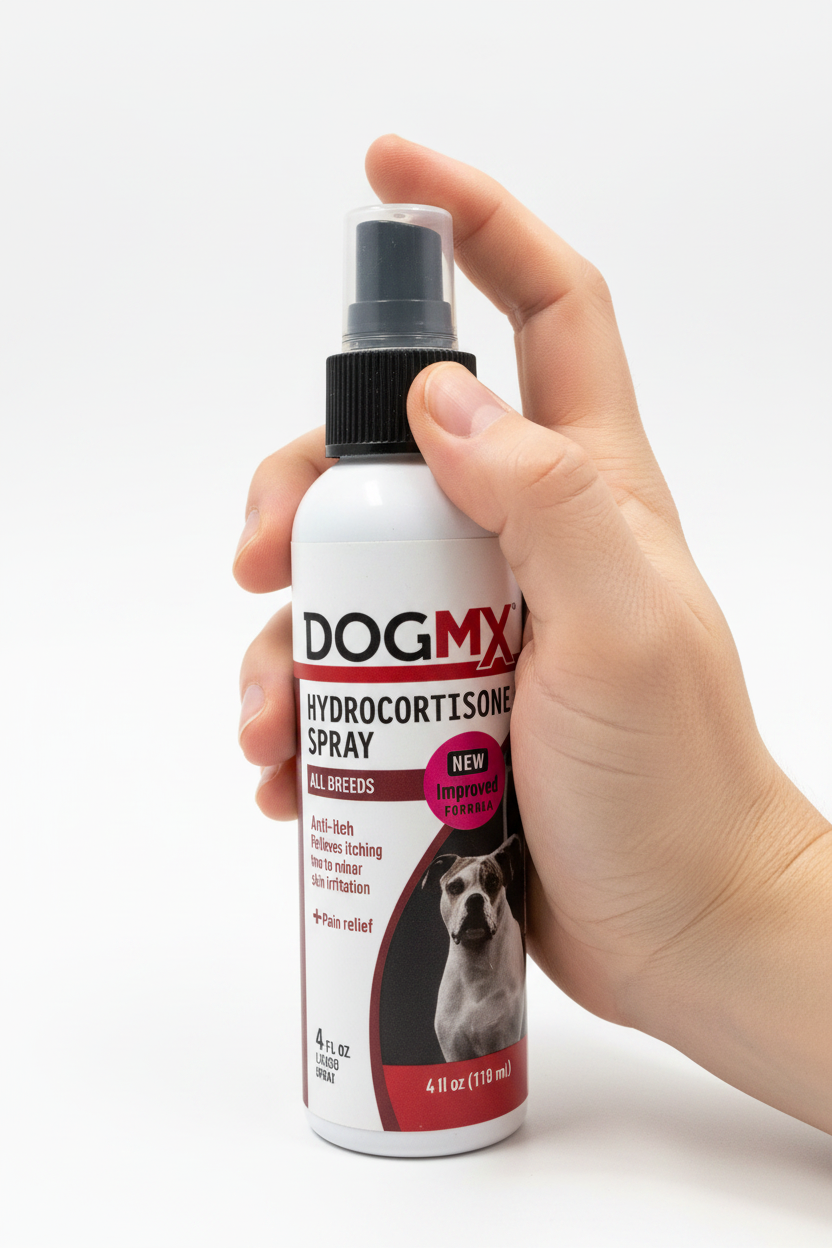 DogMX Hydrocortisone Spray bottle close-up in hand — convenient spray applicator with Hydrocortisone Acetate Lidocaine and Benzethonium Chloride formula