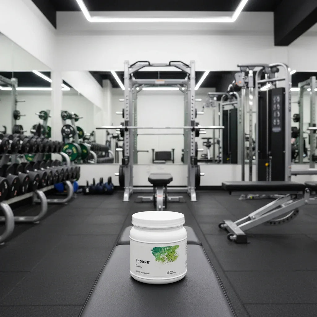 Thorne Creatine Monohydrate tub in organized professional training facility with weight racks and equipment.
