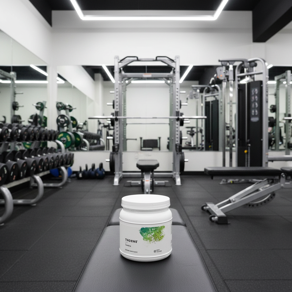 Thorne Creatine Monohydrate tub in organized professional training facility with weight racks and equipment.