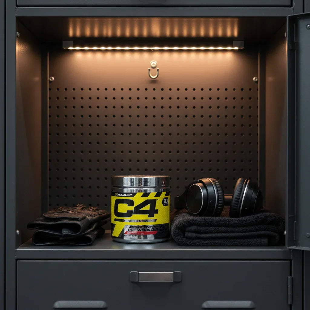 Cellucor C4 Original Pre-Workout organized in professional gym locker with wireless headphones and athletic gloves