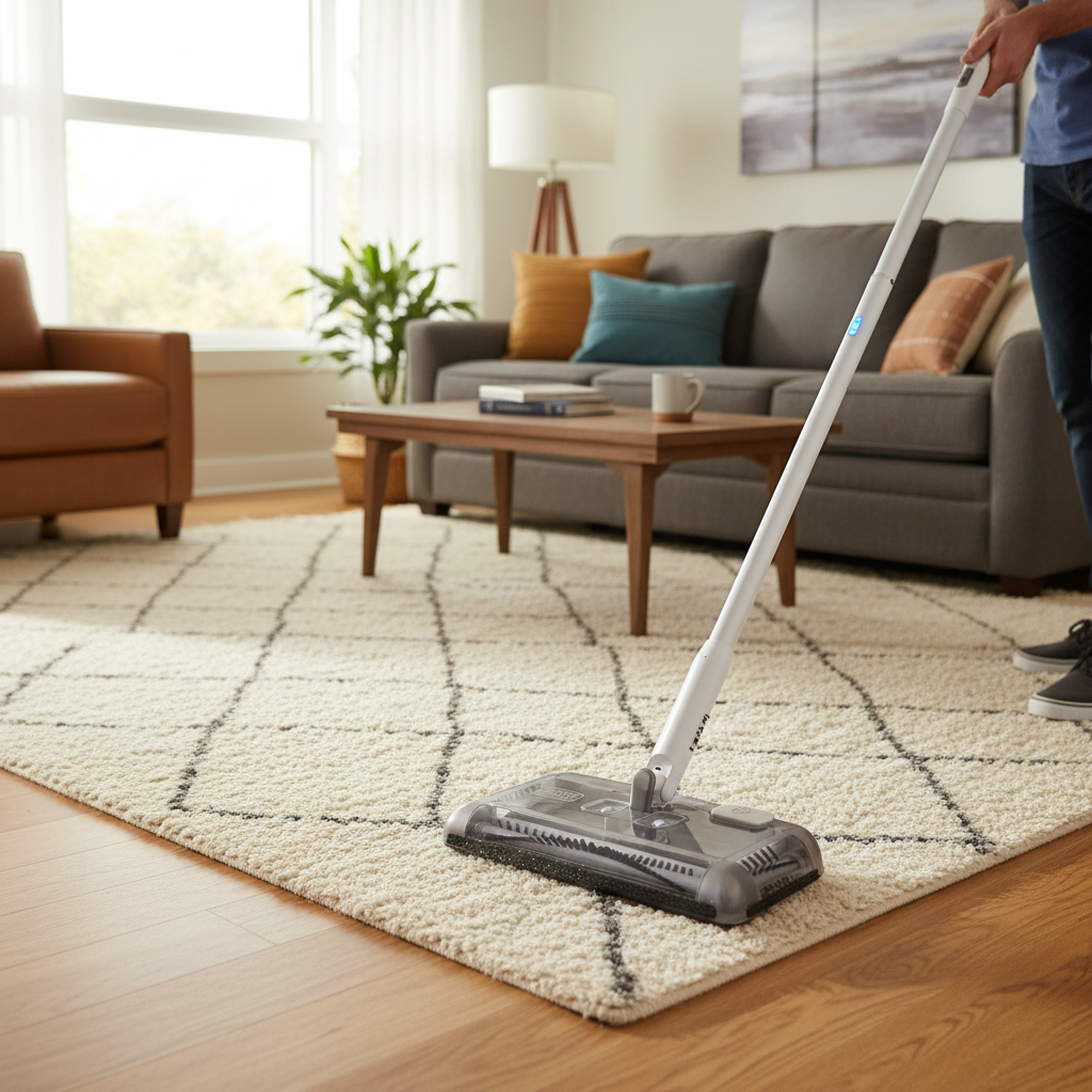 Black+Decker HFS115J10 Lithium Floor Sweeper used on living room area rug showing versatility - More4less Outlet