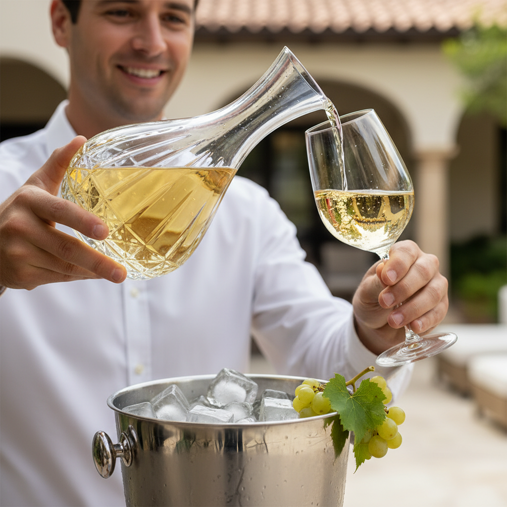 Host gently pouring chilled white wine from a crystal carafe sitting inside a polished stainless steel ice bucket