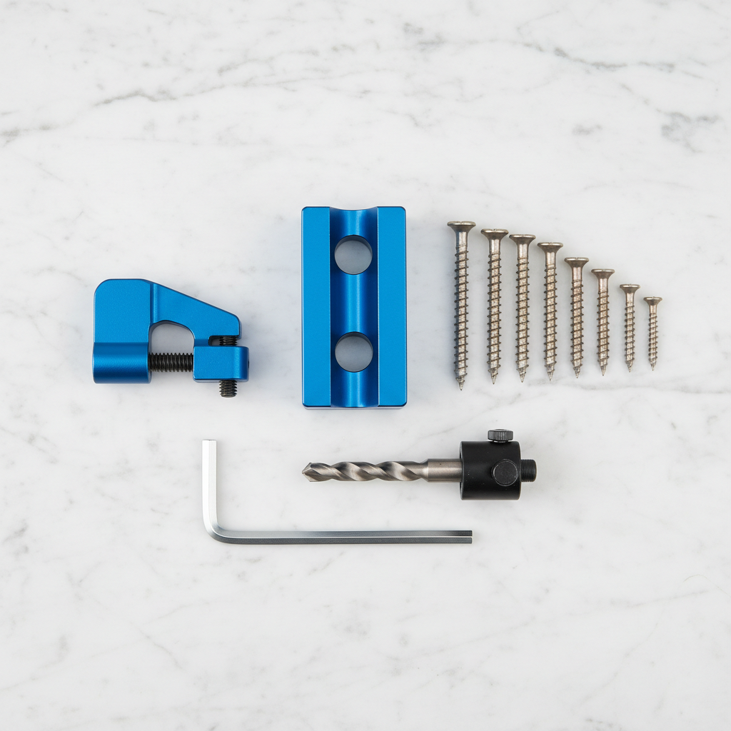 Lifestyle — blue pocket-hole jig kit laid out on white marble beside wood screws, hex wrench, drill bit, and stop collar — tool flatlay editorial for visual context only