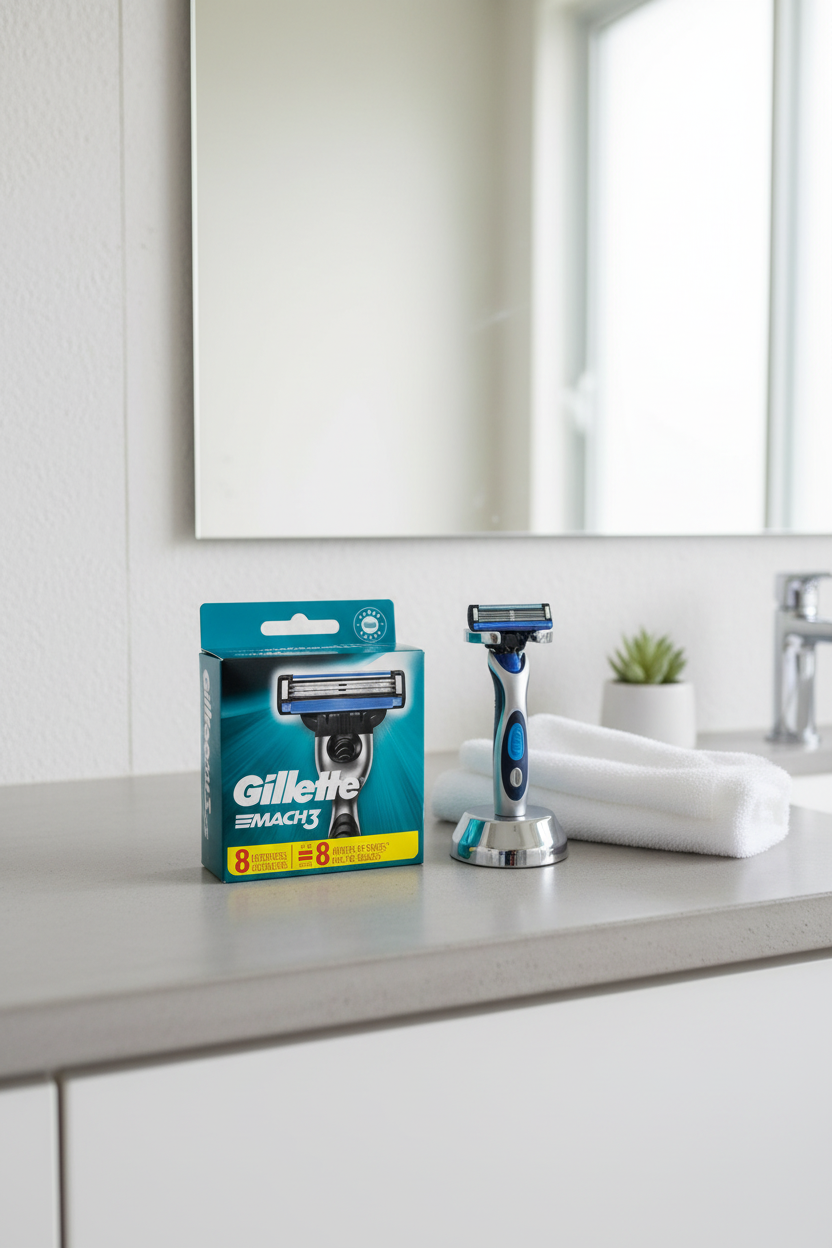 Gillette Mach3 8-count razor refills on contemporary minimalist bathroom vanity with chrome shave stand and hand towel