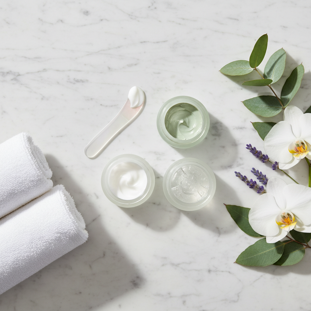 Elegant flat lay of premium face mask products and botanicals on marble