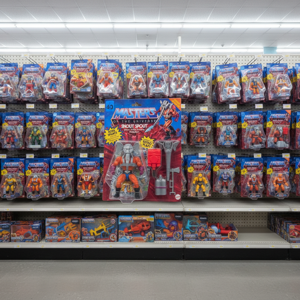 Masters of the Universe Origins Snout Spout blister card hanging on a retail toy store peg hook among other MOTU figures — More4less Outlet