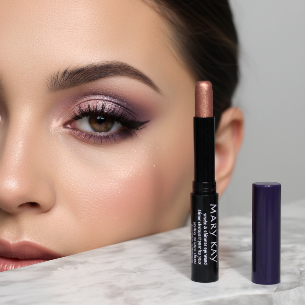 Lifestyle beauty scene showing a beautifully blended smoky shimmer eye look in amethyst-purple and rose-mauve tones with a Mary Kay Smoke & Shimmer Eye Wand in glossy black barrel with dark purple cap resting on marble surface