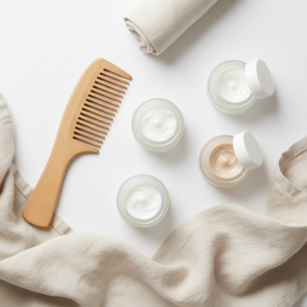 Flat lay of hair styling products and accessories on a clean white surface