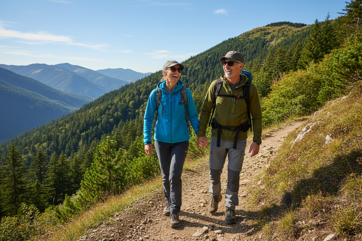 Active senior couple hiking on scenic mountain trail - cardiovascular and cognitive health lifestyle