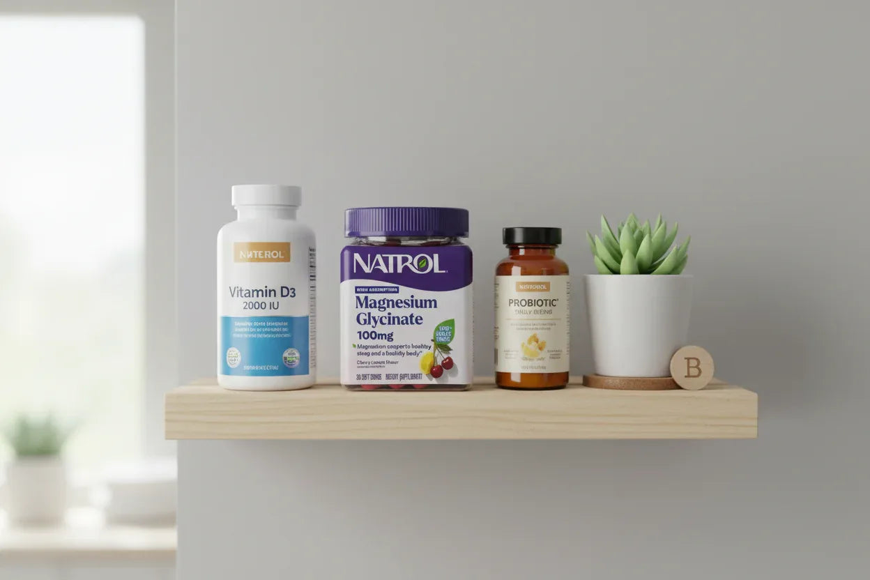 Natrol Magnesium Glycinate jar on organized kitchen wellness shelf with vitamins