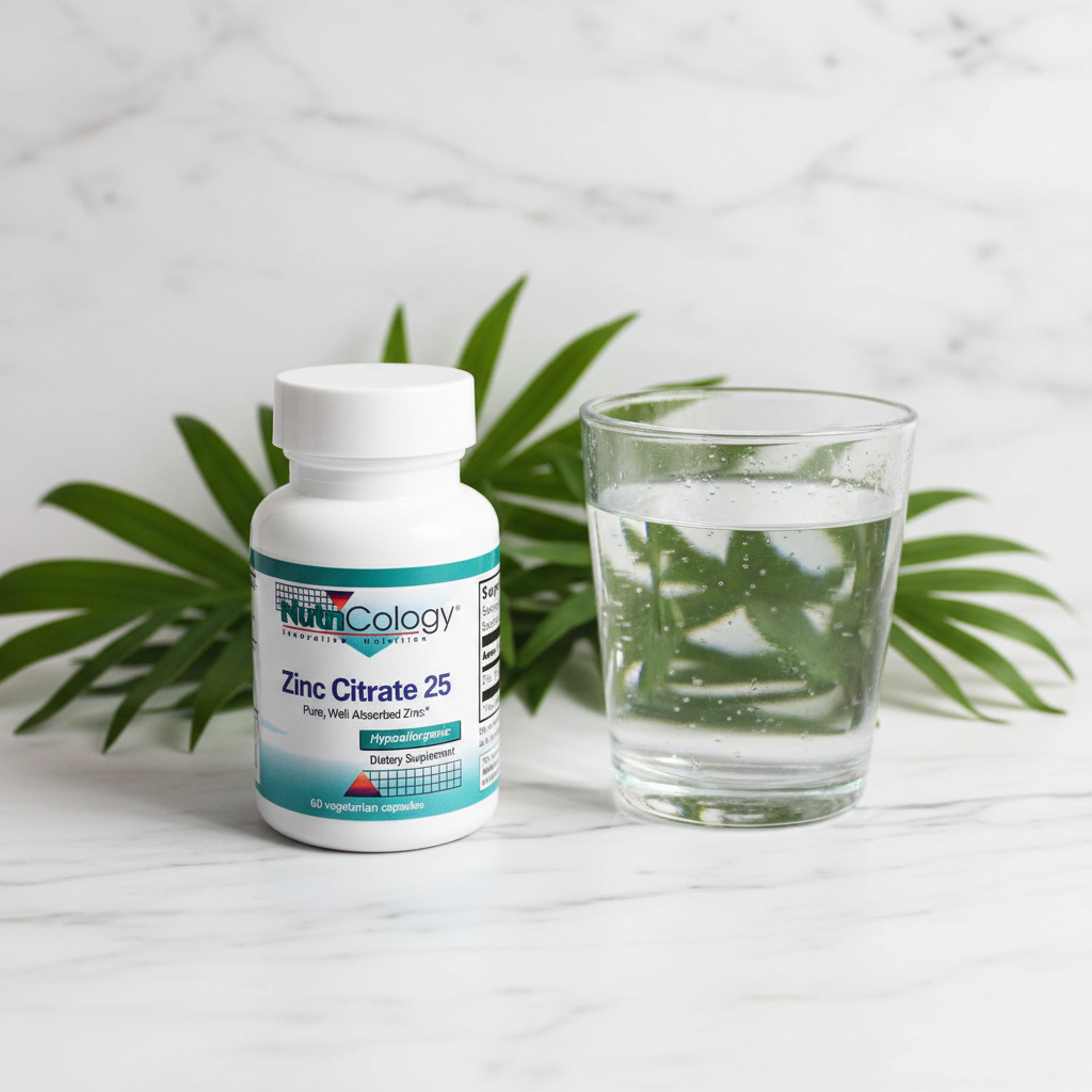 NutriCology Zinc Citrate 25 bottle on marble with green leaves and glass of water – More4less Outlet