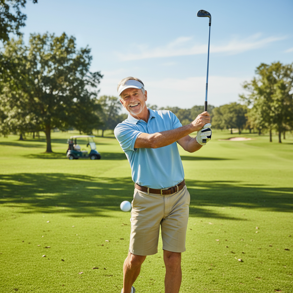 Happy senior man playing golf on sunny green course active healthy lifestyle photo
