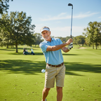 Happy senior man playing golf on sunny green course active healthy lifestyle photo