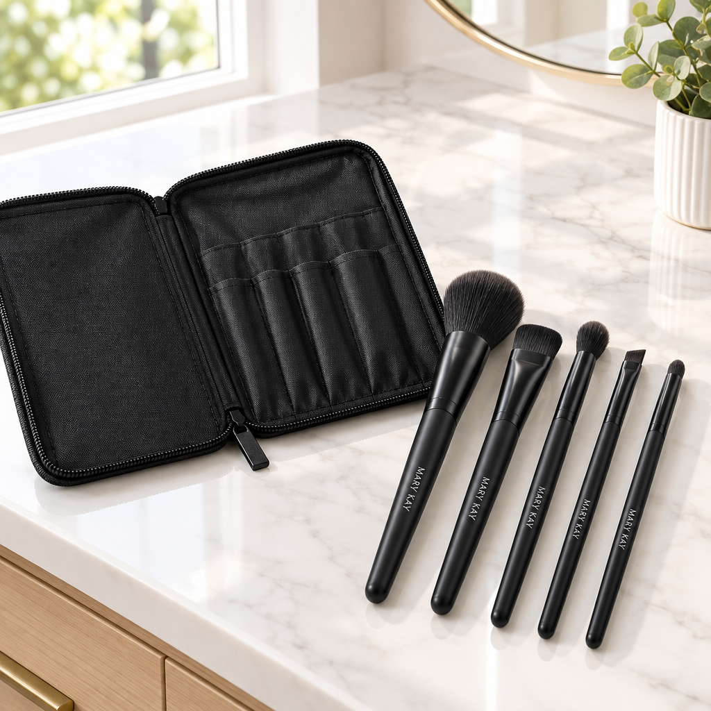 Mary Kay Essential Brush Collection open case with brushes on a bathroom vanity countertop