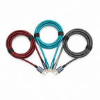 Five colorful 360 Electrical HabitatCharge 8ft braided Kevlar USB-A to Lightning cables in cranberry, navy, turquoise, silver, and charcoal arranged in a fan flat lay — More4less Outlet