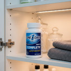 One A Day Men's Complete Multivitamin bottle inside organized medicine cabinet with aesthetic glass jars and grey hand towel under soft shelf lighting