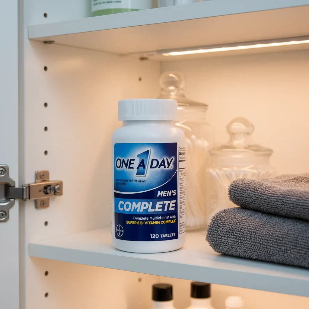 One A Day Men's Complete Multivitamin bottle inside organized medicine cabinet with aesthetic glass jars and grey hand towel under soft shelf lighting