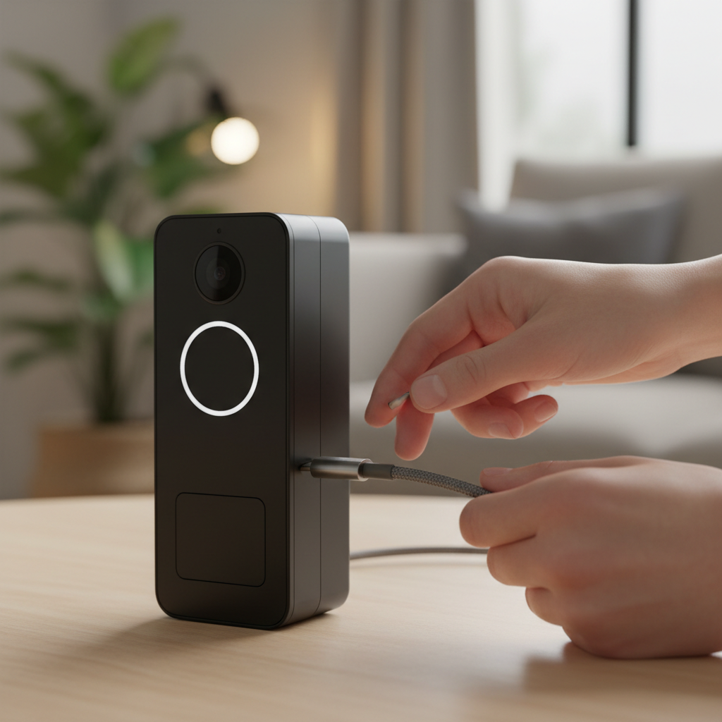 Close-up view of a person using a USB-C charging cable to easily recharge a stylish video doorbell unit indoors