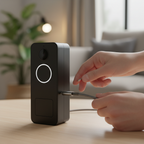 Close-up view of a person using a USB-C charging cable to easily recharge a stylish video doorbell unit indoors