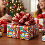 Colorfully wrapped Power Rangers gift box with ribbon and bow on a table — More4less Outlet