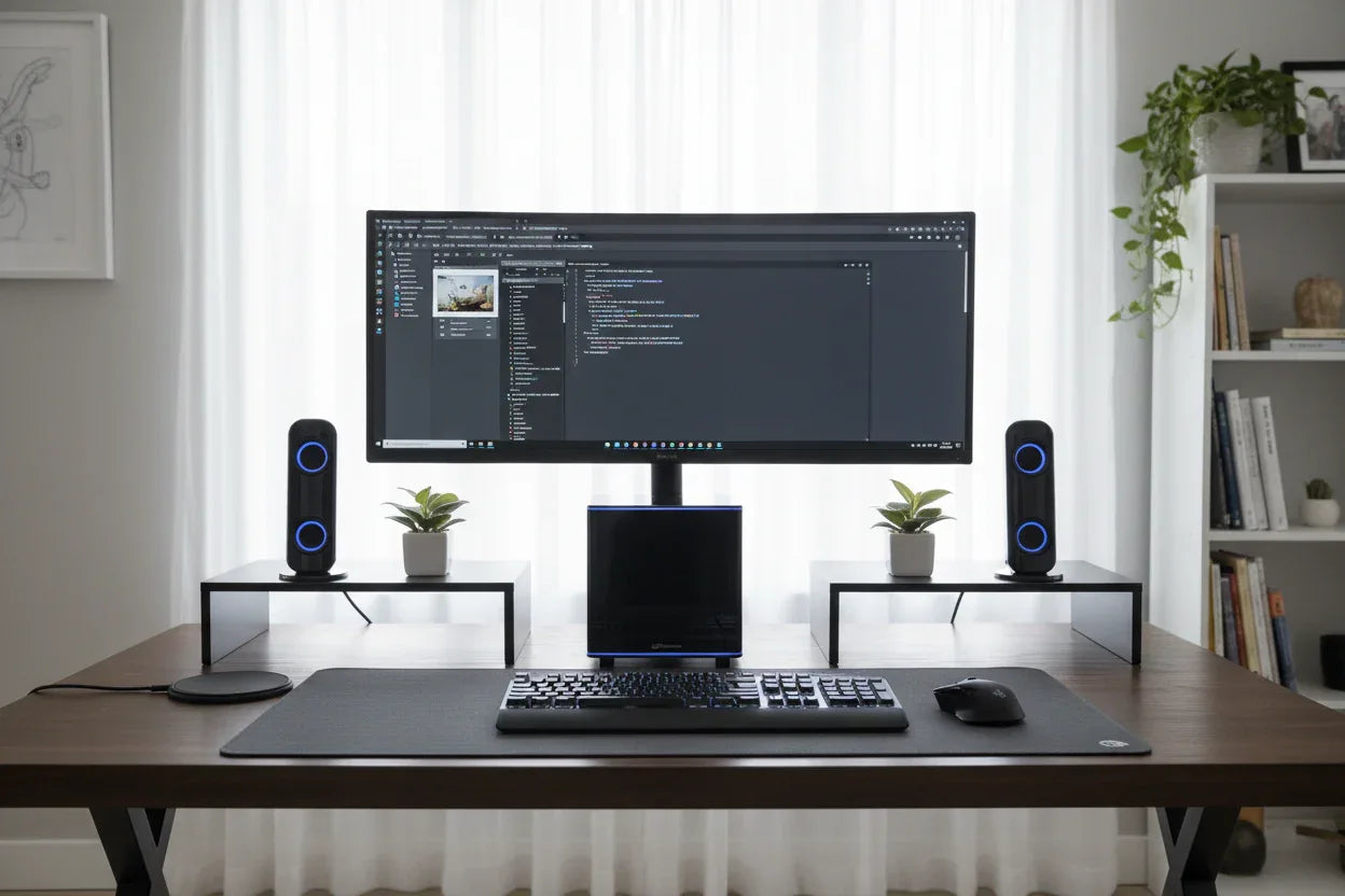 Professional desktop arrangement featuring satellite speakers and central subwoofer component
