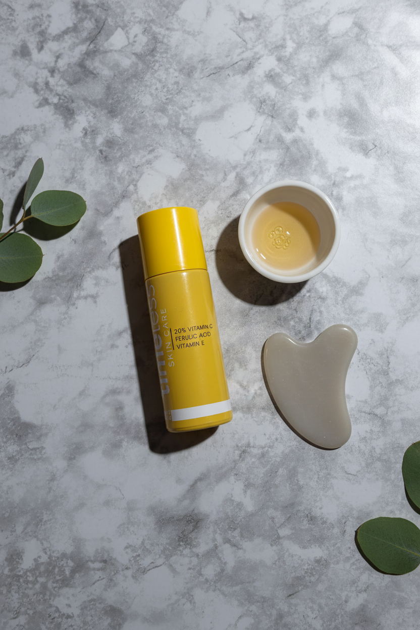 Clean lifestyle aesthetic flat lay of yellow beauty serum bottle on grey stone surface with minimal skincare accessories in soft diffused lighting