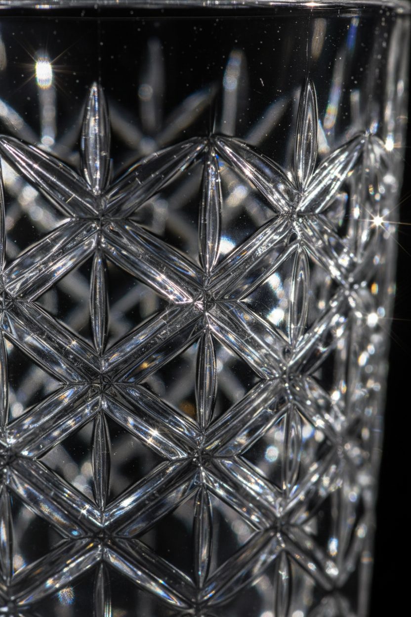 Extreme close-up macro detail of textured cut-glass crystal pattern on a Riedel Spey longdrink glass refracting brilliant light