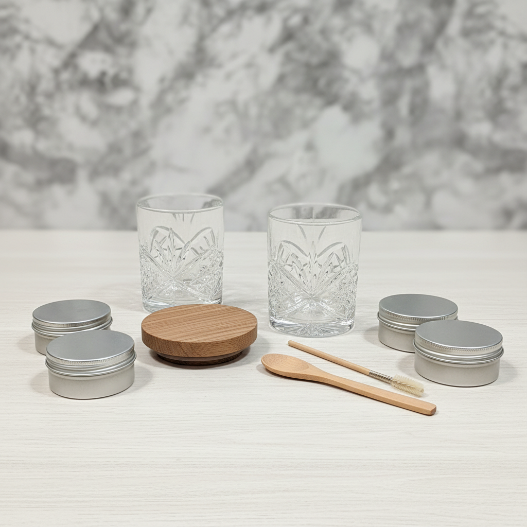 Godinger Dublin crystal smoker set shown with two glasses, wood lid, spoon, brush, and blank tins