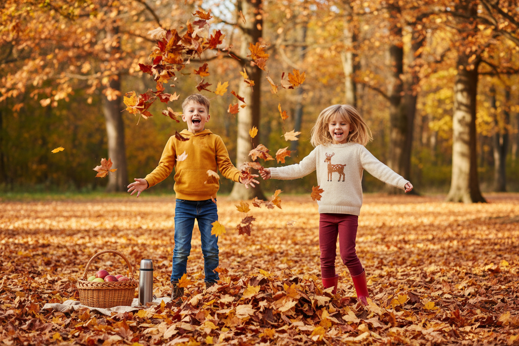 Two healthy happy children playing outdoors in autumn leaves, seasonal immune wellness lifestyle