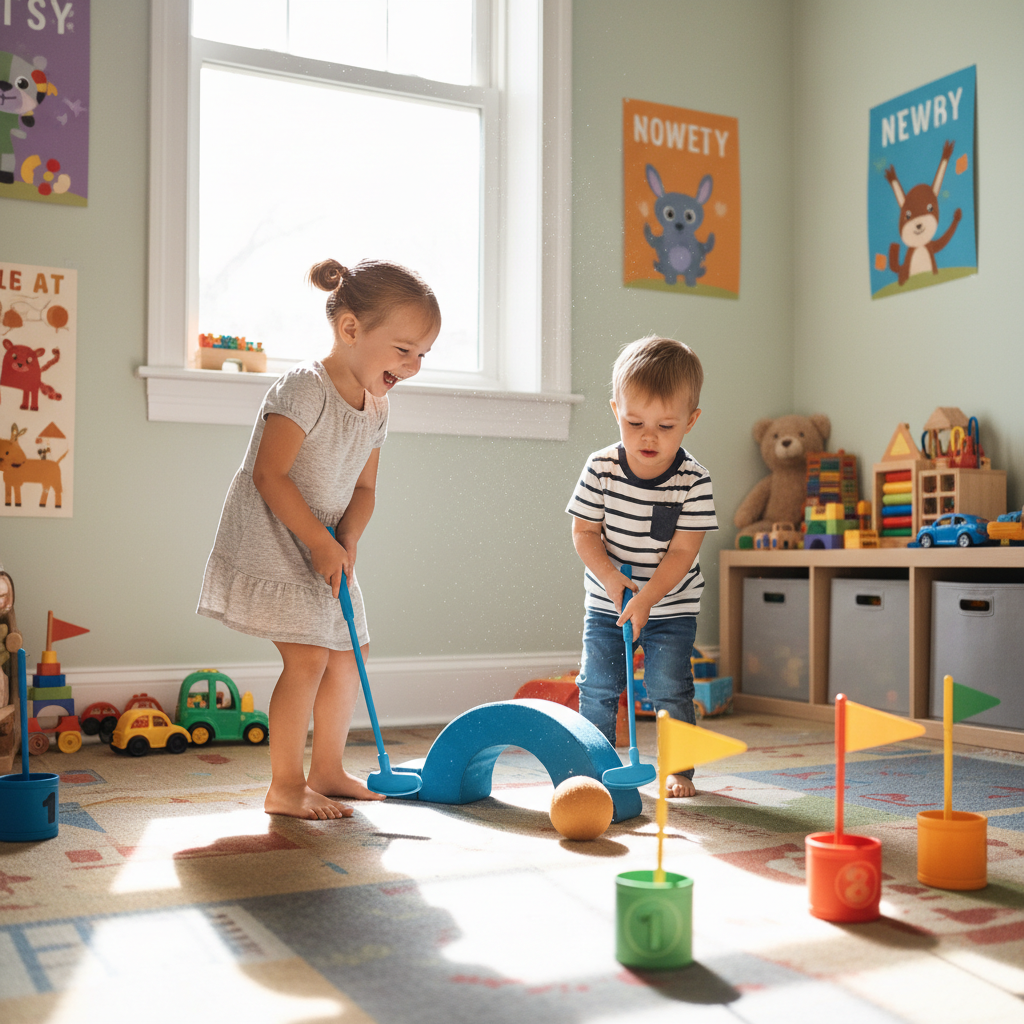 Two children playing mini golf together in playroom — B. Toys Hole-in-Fun 15-piece set — More4less Outlet