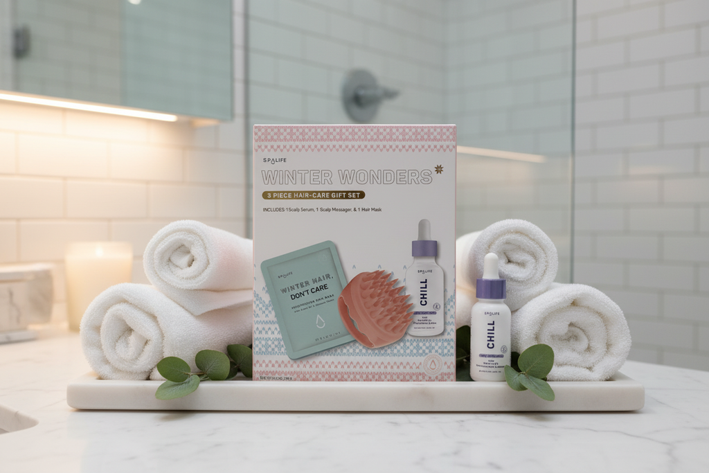 SpaLife Winter Wonders 3-piece hair care gift set on spa marble tray with white towels and eucalyptus sprigs – More4less Outlet