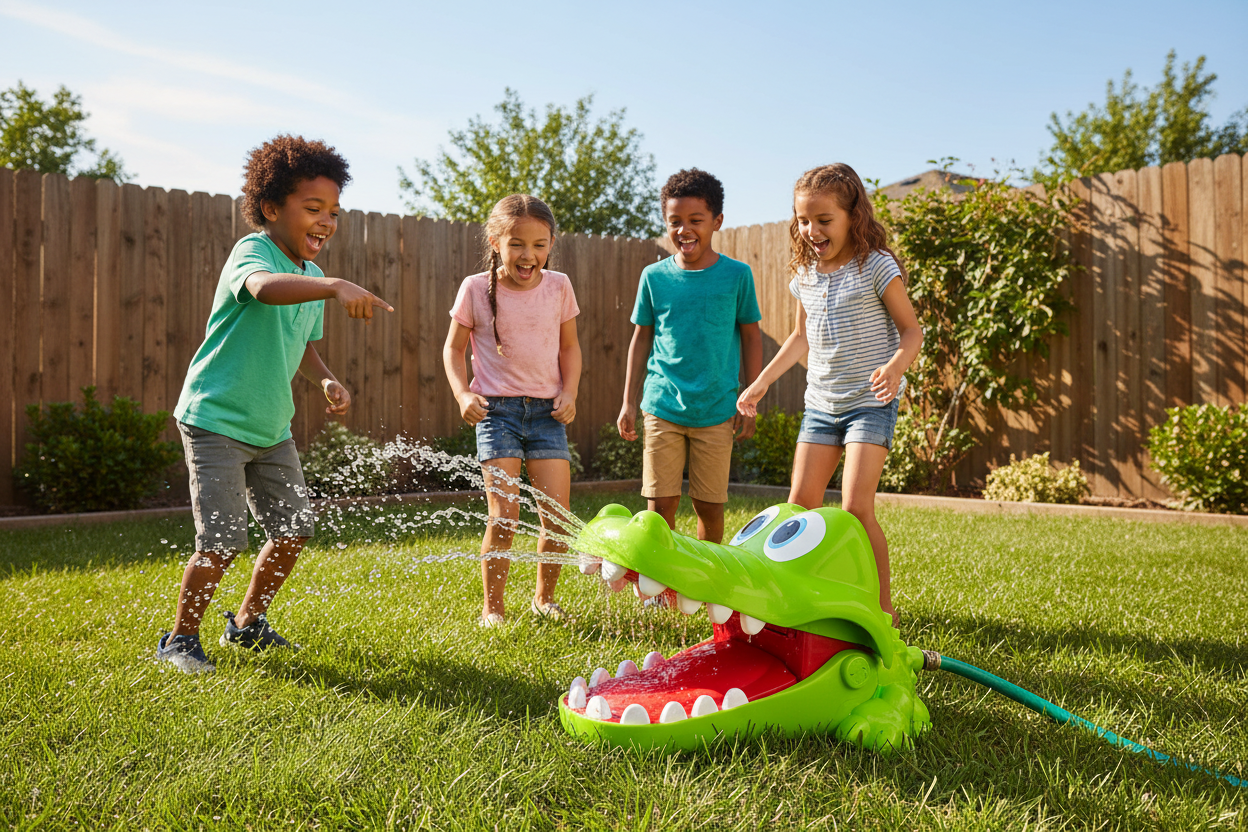 Crocodile Dentist Splash family of kids playing suburban backyard water soaking sunny afternoon