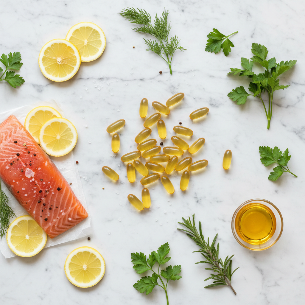 Flat lay of omega-3 fish oil softgels with fresh wild salmon, lemon slices, and herbs on marble