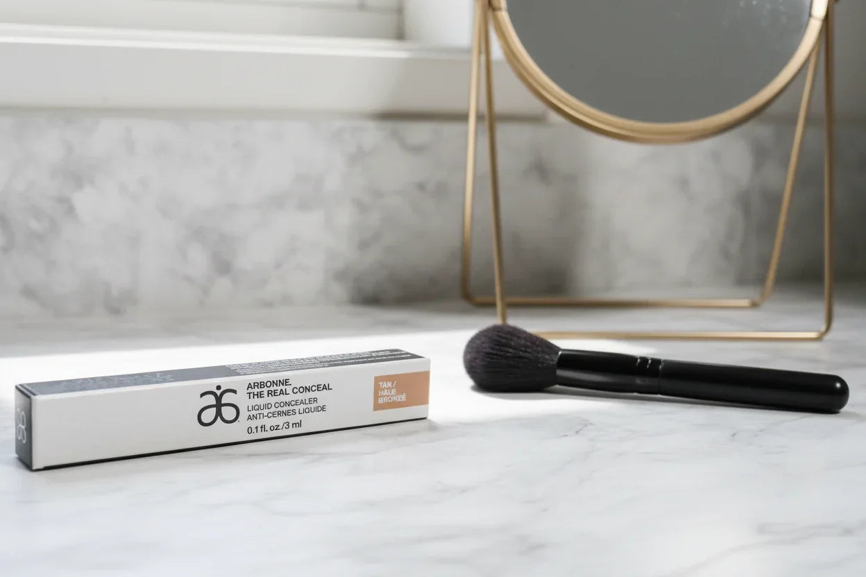 Arbonne The Real Conceal Liquid Concealer Tan on marble makeup vanity with natural daylight lifestyle