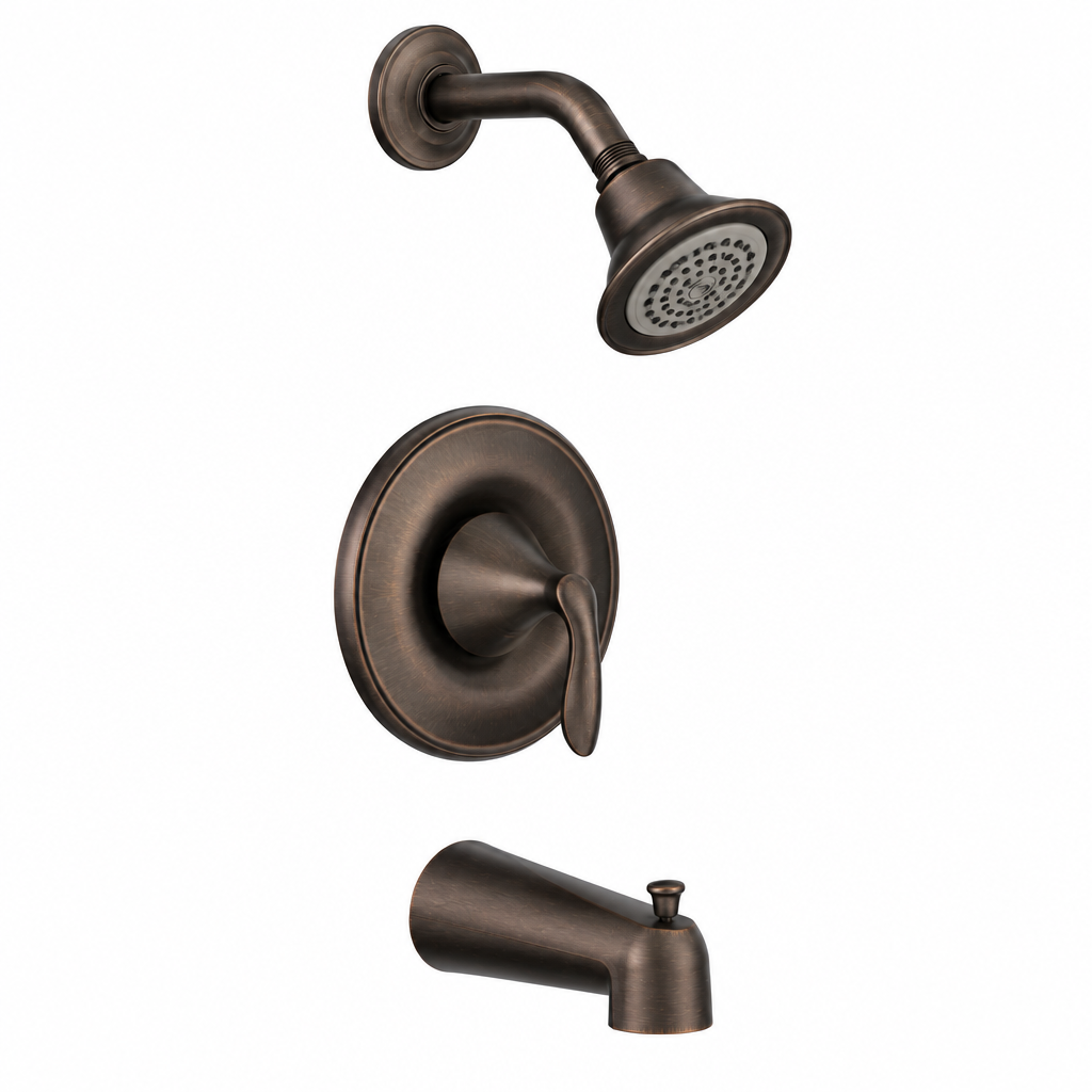 AI-styled rendering of the Moen Eva oil-rubbed bronze tub and shower trim kit on a white background