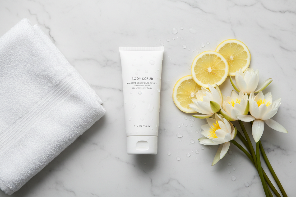 Top-down flat lay of body scrub tube with white flowers, lemon slices, and folded towel on marble