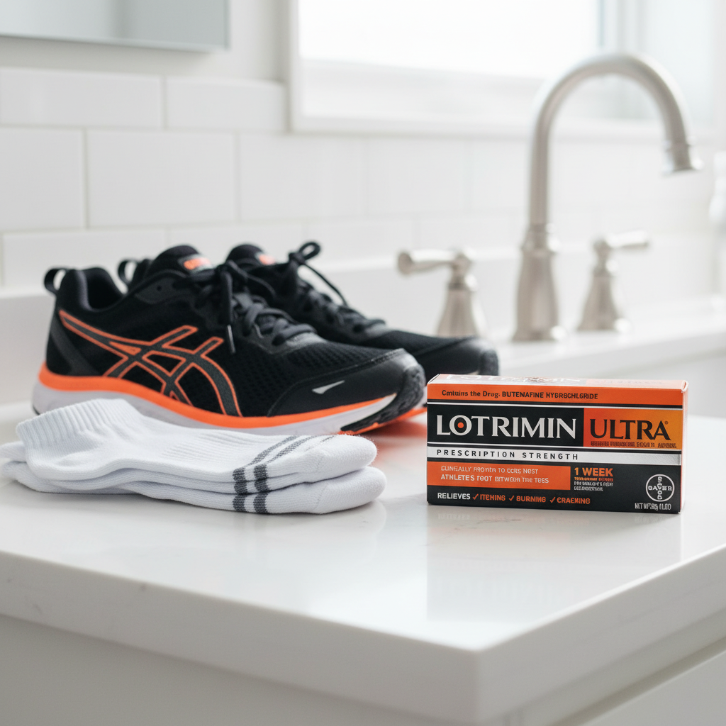 Lotrimin Ultra Athlete's Foot Cream box on bathroom countertop with athletic socks and running shoes