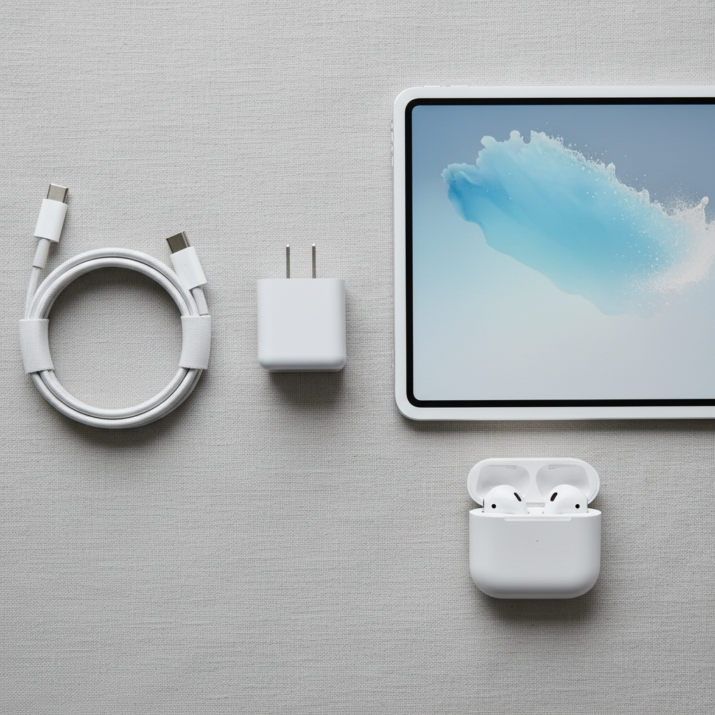 Apple 18W USB-C Power Adapter flat lay with USB-C cable iPad and AirPods on grey linen