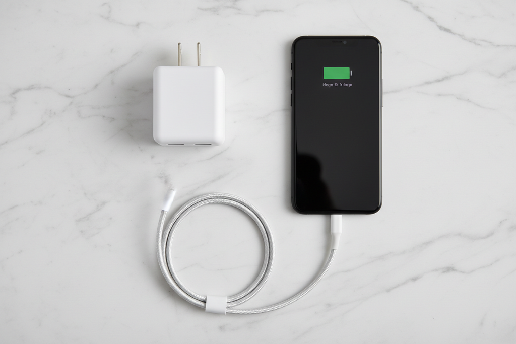 Dual-port USB wall charger next to smartphone and charging cable on white marble surface
