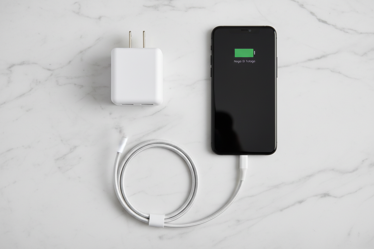 Dual-port USB wall charger next to smartphone and charging cable on white marble surface