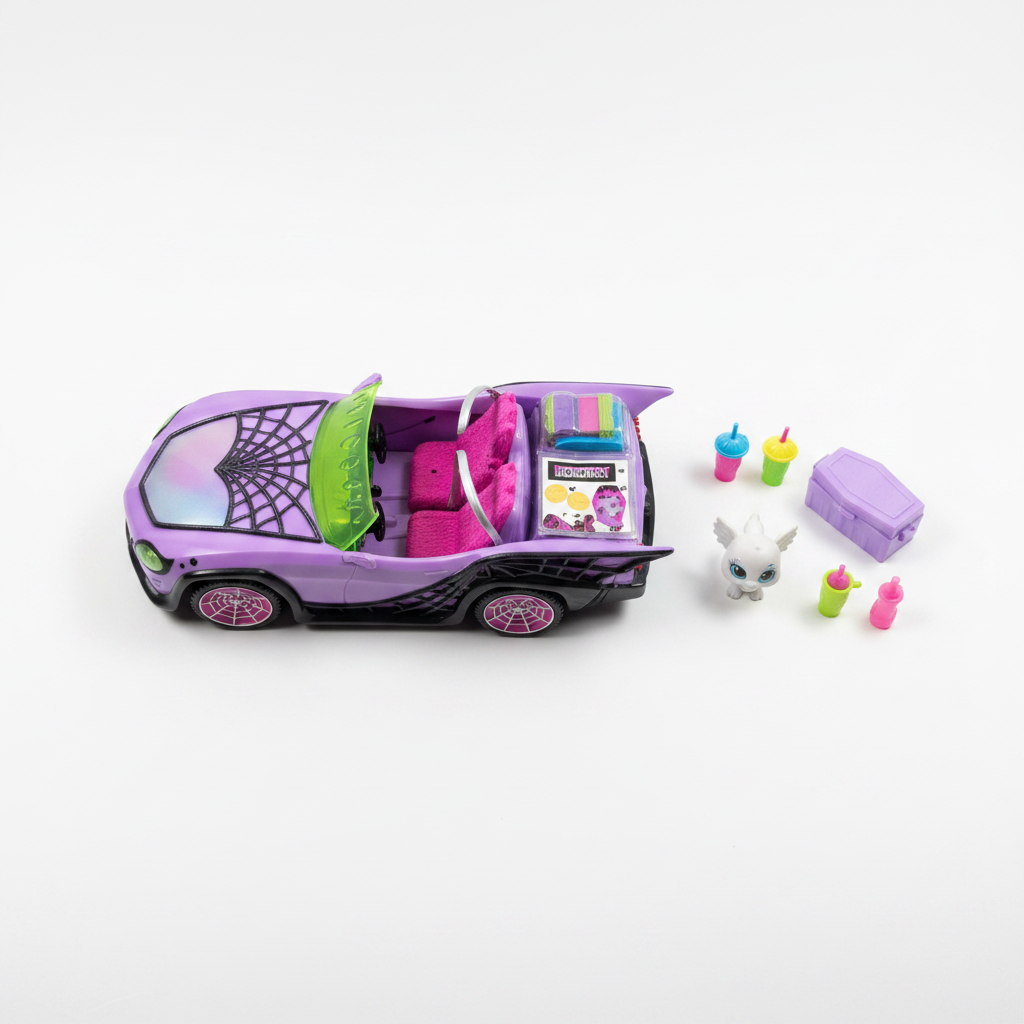 Overhead flat lay of the purple Monster High Ghoul Mobile toy car with ghost pet figure, coffin-shaped cooler, and drink accessories arranged on a white surface.
