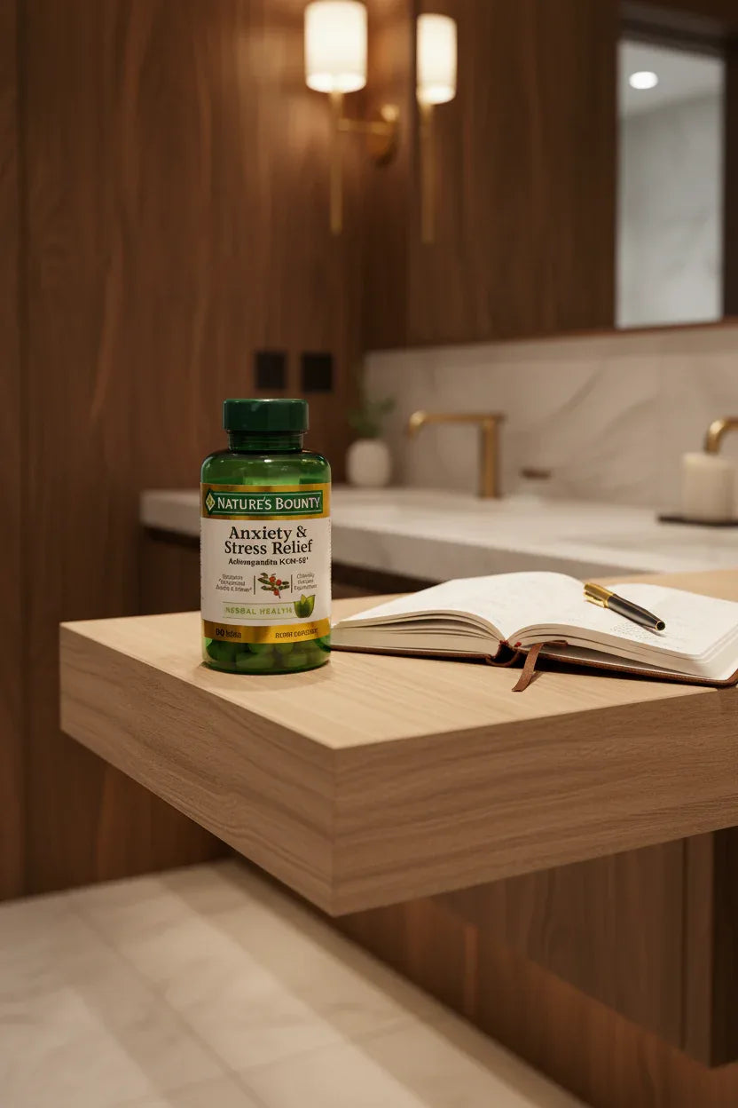 Nature's Bounty Ashwagandha KSM-66 90 Tablets on wood vanity shelf with health journal in dark-oak bathroom setting — More4less Outlet.