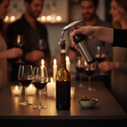 OXO SoftWorks vacuum wine preserver pump being pressed into stopper on wine bottle at dinner party setting