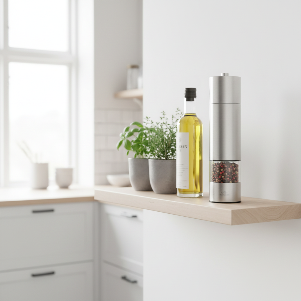 Prima Cucina Battery-Operated Pepper Mill displayed on a modern kitchen shelf beside olive oil bottle and herb pots, bright Scandinavian kitchen aesthetic