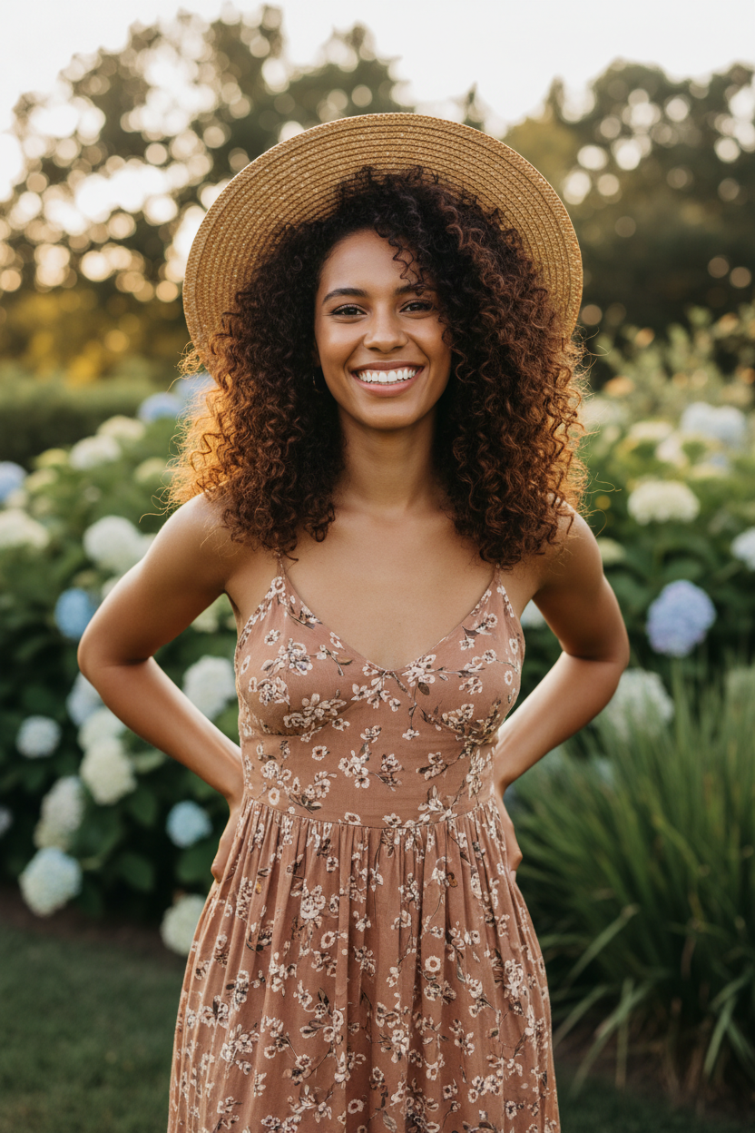Young woman with beautiful natural curly hair smiling confidently outdoors soft natural light lifestyle photo