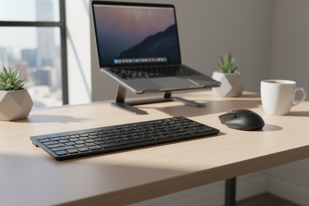 Techellent Universal Wireless Keyboard and Mouse Combo on clean modern home office desk with laptop – More4less Outlet