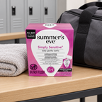 Summer's Eve Simply Sensitive daily gentle cloths box beside a towel and gym bag