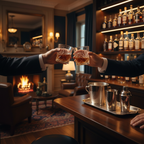 Two people toasting with elegant crystal whisky glasses in a cozy warmly lit home bar